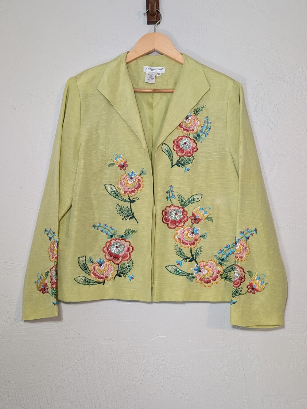 Light Green Floral Embroidered Sequins Embellished Silk Linen Lightweight Jacket